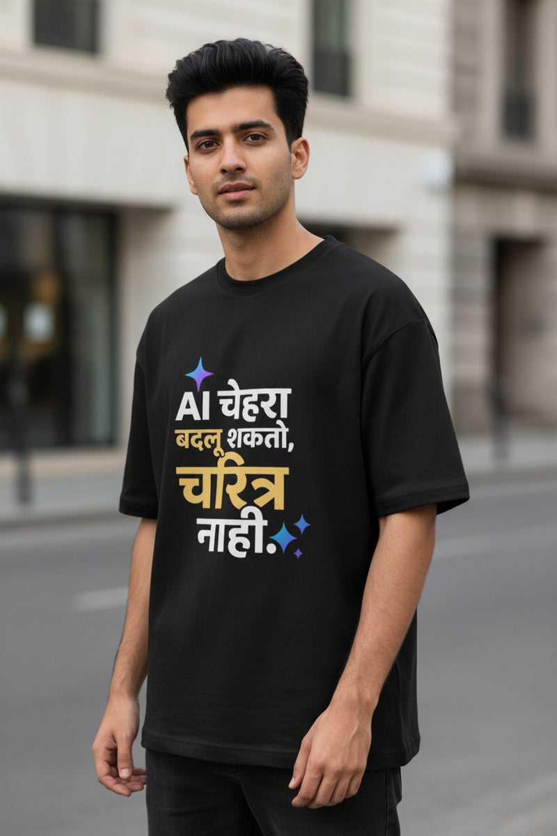 A black short-sleeve t-shirt with a colorful Hindi text graphic printed on the front, displayed against a light gray background.