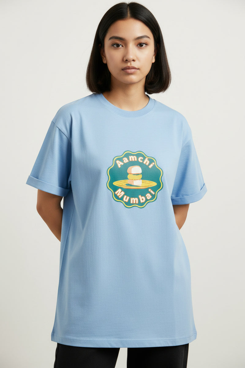 Aamchi Mumbai baby blue t-shirt with vibrant badge design