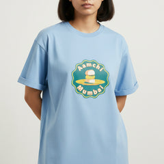 Aamchi Mumbai baby blue t-shirt with vibrant badge design