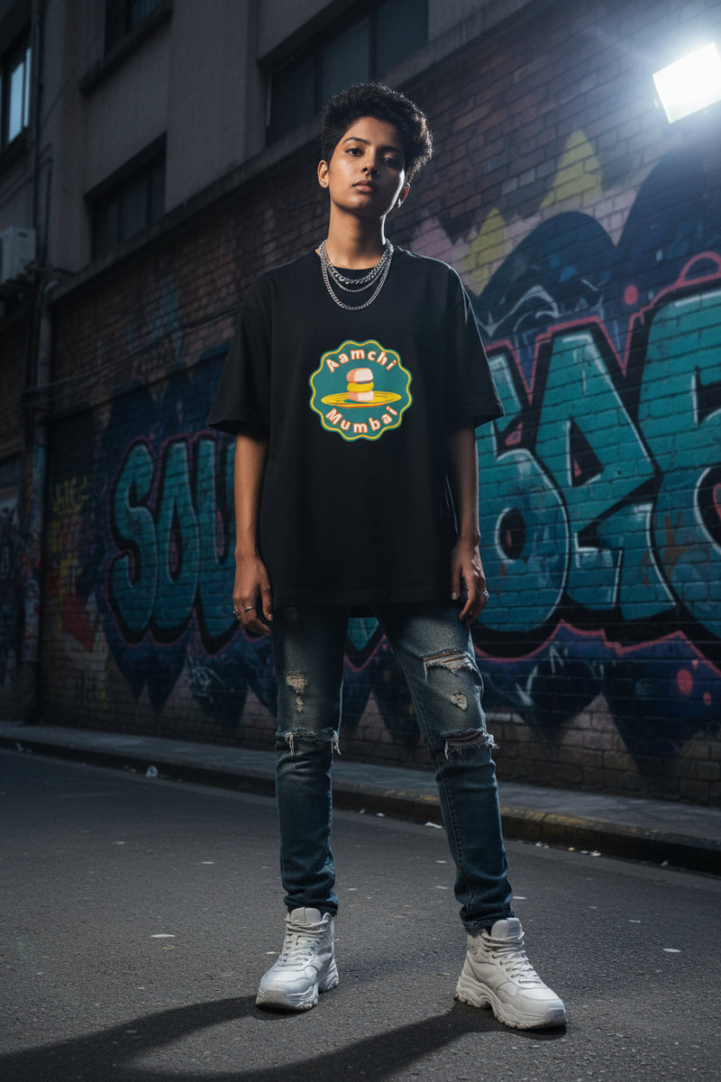 Black unisex stretch t-shirt with Aamchi Mumbai vada pav graphic print by Byfila