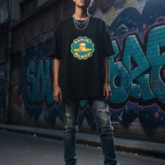 Black unisex stretch t-shirt with Aamchi Mumbai vada pav graphic print by Byfila