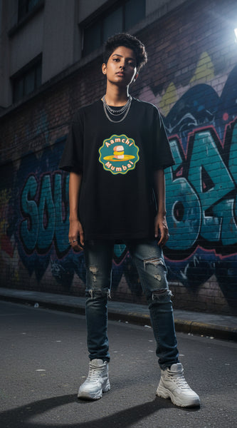 Black unisex stretch t-shirt with Aamchi Mumbai vada pav graphic print by Byfila