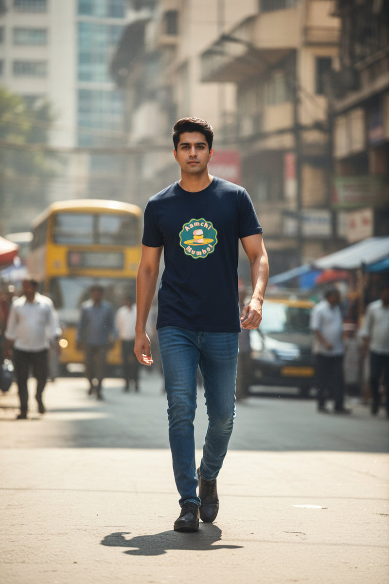 Byfila Aamchi Mumbai blue t-shirt with bold Mumbai city inspired artwork