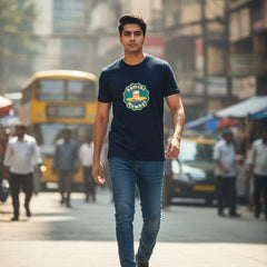 Byfila Aamchi Mumbai blue t-shirt with bold Mumbai city inspired artwork