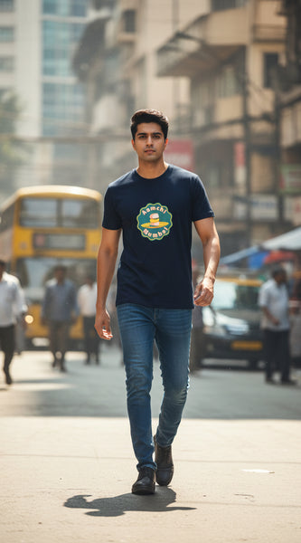 Byfila Aamchi Mumbai blue t-shirt with bold Mumbai city inspired artwork