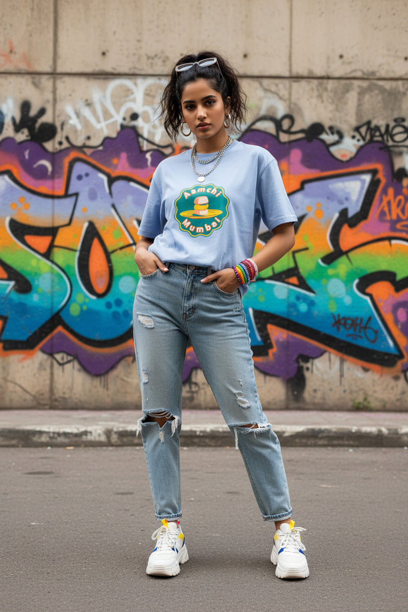 Mumbai themed lavender t-shirt for men and women with iconic vada pav illustration