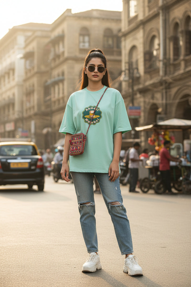 Byfila mint cotton stretch t-shirt with retro Mumbai food culture graphic