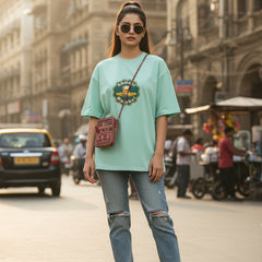 Byfila mint cotton stretch t-shirt with retro Mumbai food culture graphic