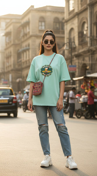 Byfila mint cotton stretch t-shirt with retro Mumbai food culture graphic