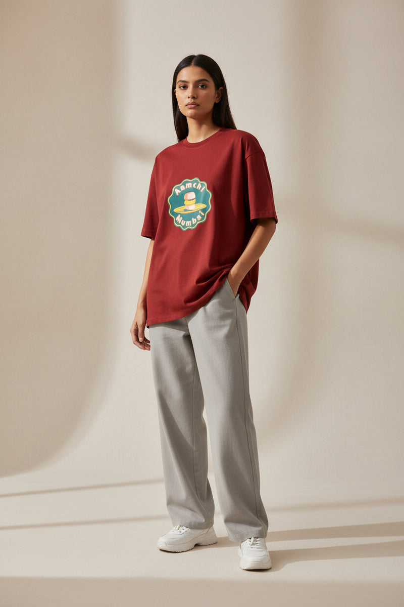 Mumbai themed red t-shirt for men and women with iconic vada pav illustration