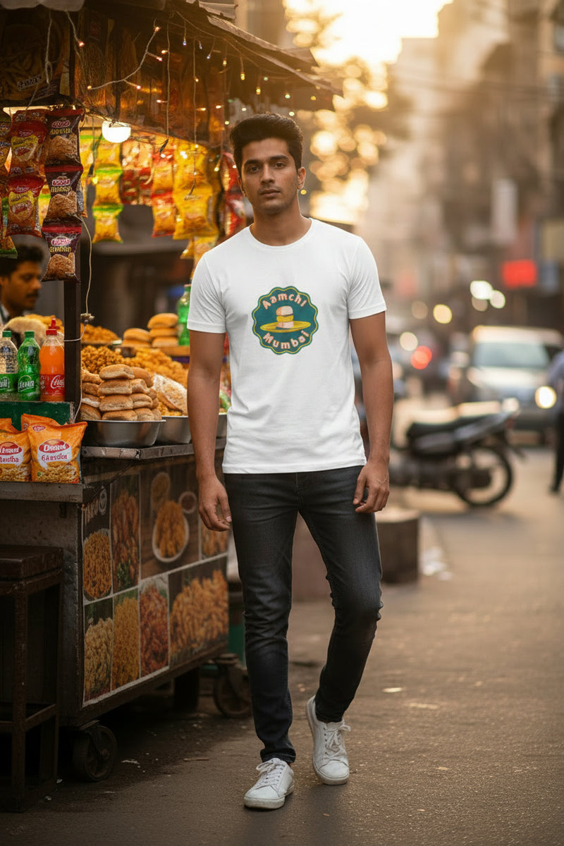 Aamchi Mumbai white graphic t-shirt by Byfila featuring Mumbai street food inspired design
