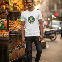 Aamchi Mumbai white graphic t-shirt by Byfila featuring Mumbai street food inspired design