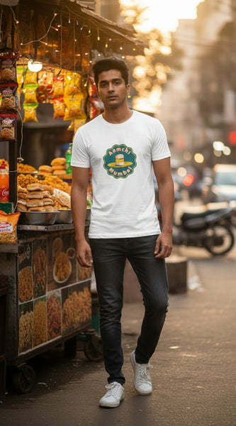 Aamchi Mumbai white graphic t-shirt by Byfila featuring Mumbai street food inspired design