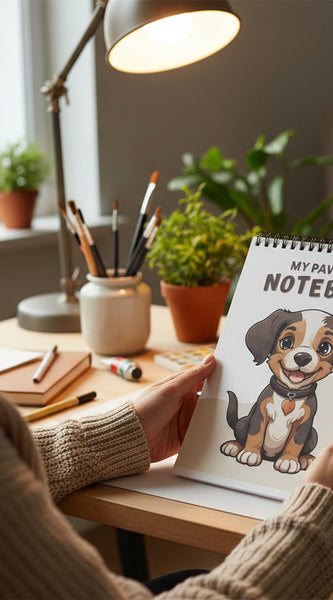 Notebook with a dog illustration titled 'My Pawfect Notebook' on a wooden surface with pens.