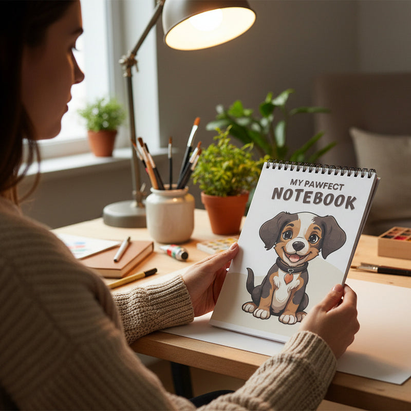 Notebook with a dog illustration titled 'My Pawfect Notebook' on a wooden surface with pens.