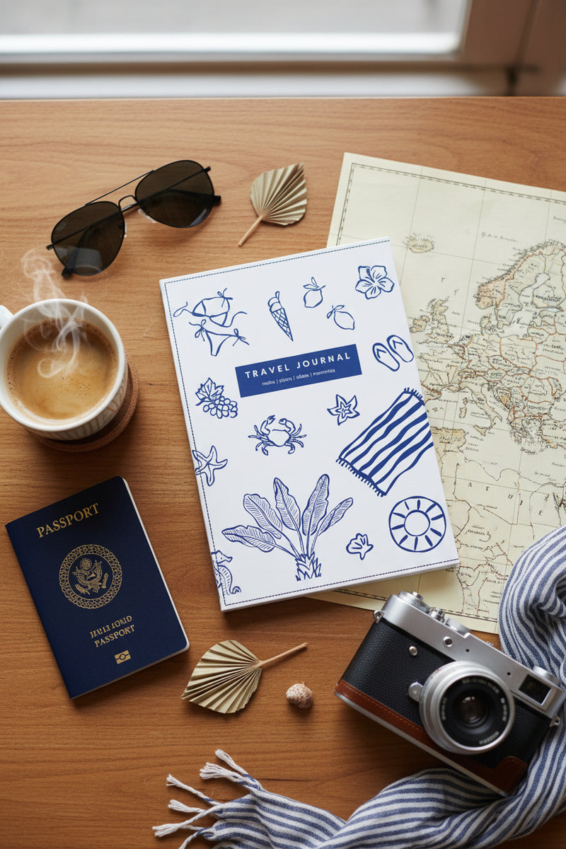 Travel journal cover with blue sea-themed illustrations on a white background