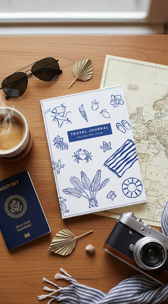 Travel journal cover with blue sea-themed illustrations on a white background