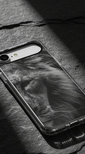 Phone case with a black and white lion design on a light gray background
