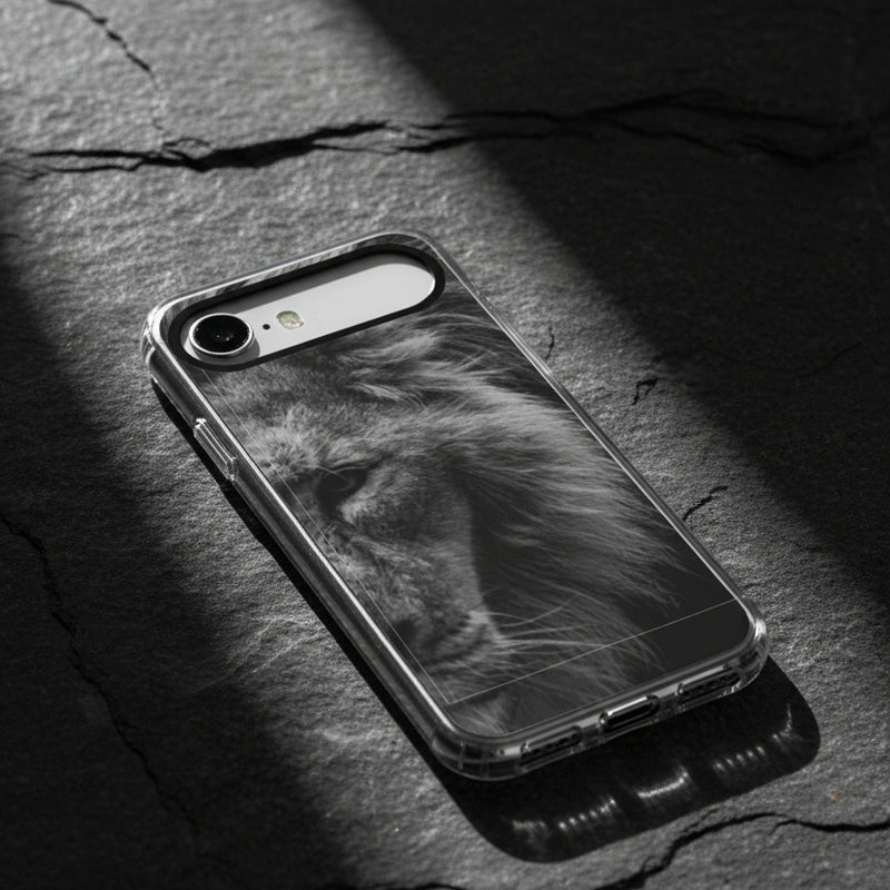 Phone case with a black and white lion design on a light gray background