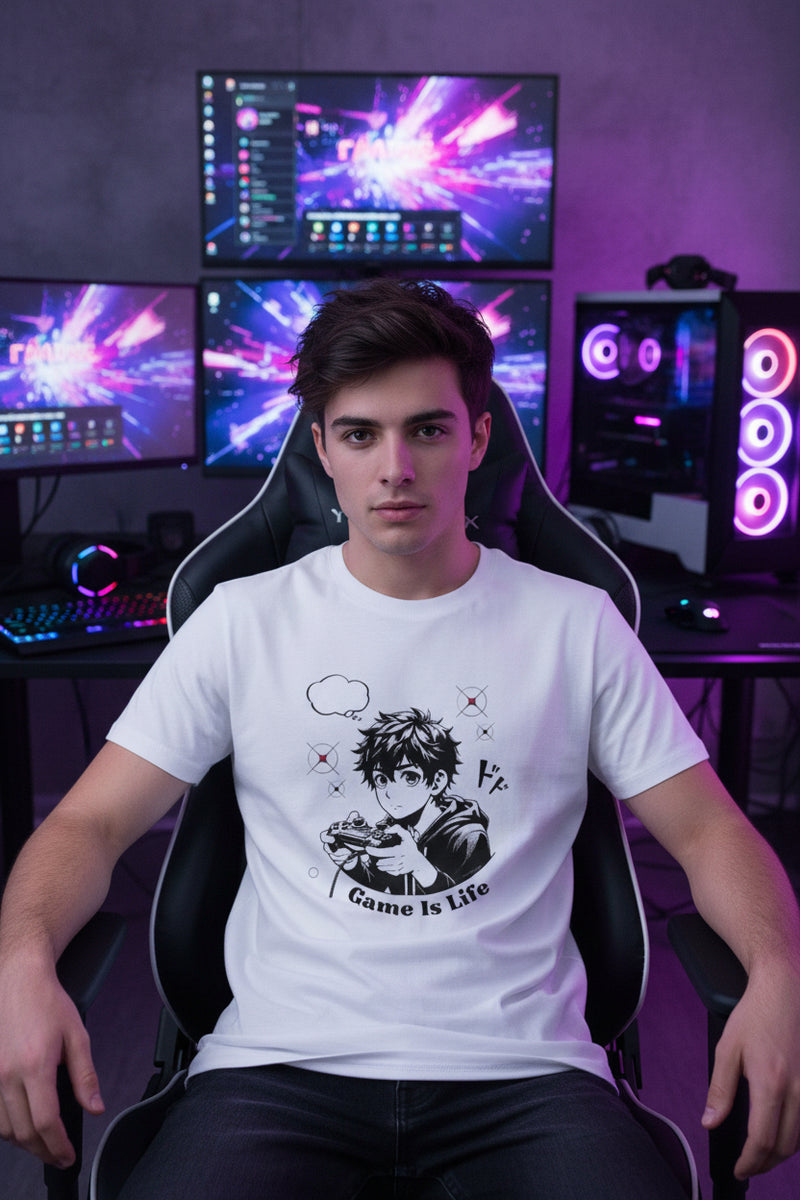 White t-shirt with black graphic design on a white background