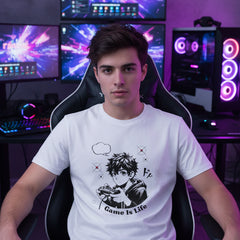 White t-shirt with black graphic design on a white background