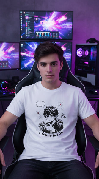 White t-shirt with black graphic design on a white background