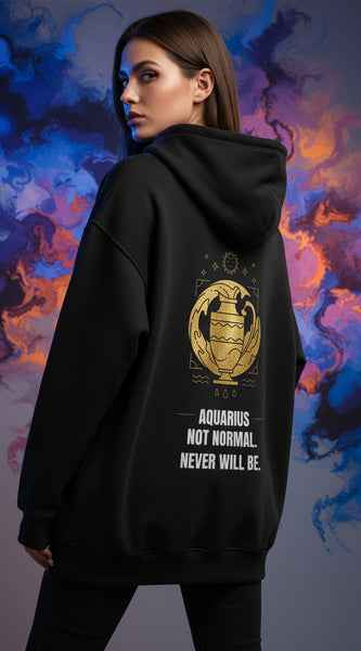 Black hoodie with yellow Aquarius zodiac design and text on a white background