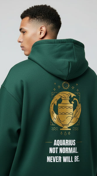 Green hoodie with Aquarius zodiac symbol and text on the back against a white background
