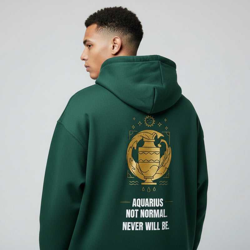 Green hoodie with Aquarius zodiac symbol and text on the back against a white background