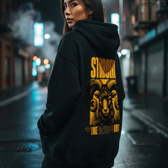 Black hoodie with yellow graphic and text on a white background