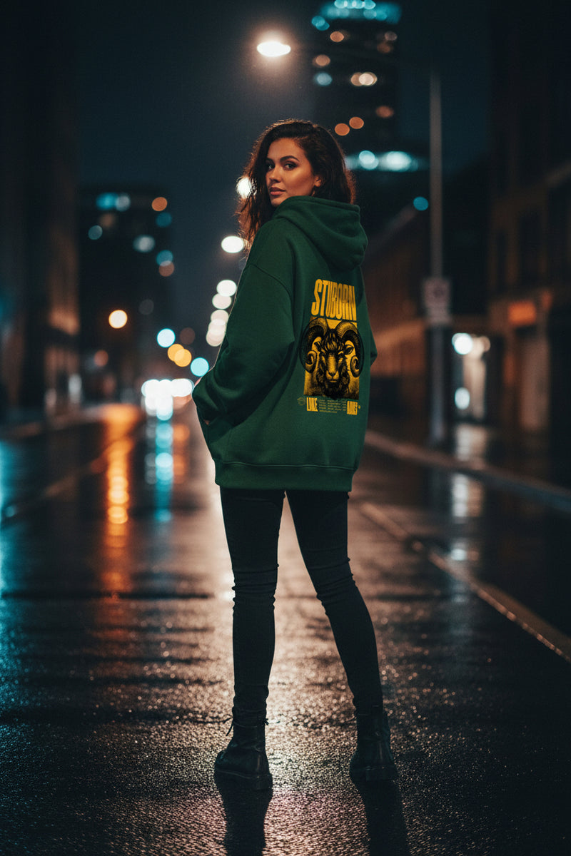 Green hoodie with yellow graphic and text on a white background