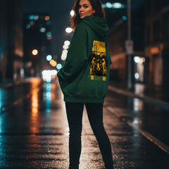 Green hoodie with yellow graphic and text on a white background