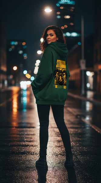 Green hoodie with yellow graphic and text on a white background