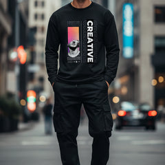Black long-sleeve shirt with artistic design and 'CREATIVE' text on a white background