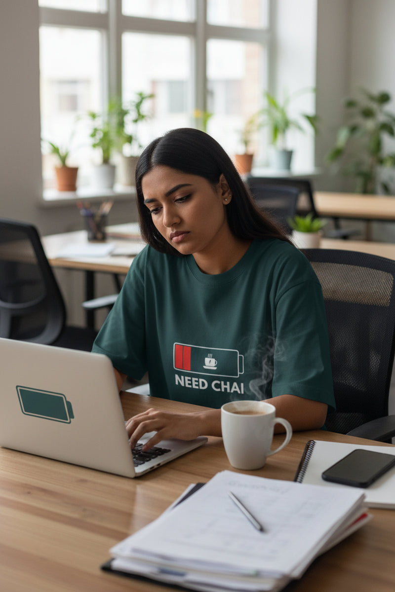 Dark green t-shirt with 'Need Chai' graphic on a white background