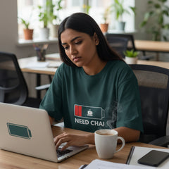 Dark green t-shirt with 'Need Chai' graphic on a white background