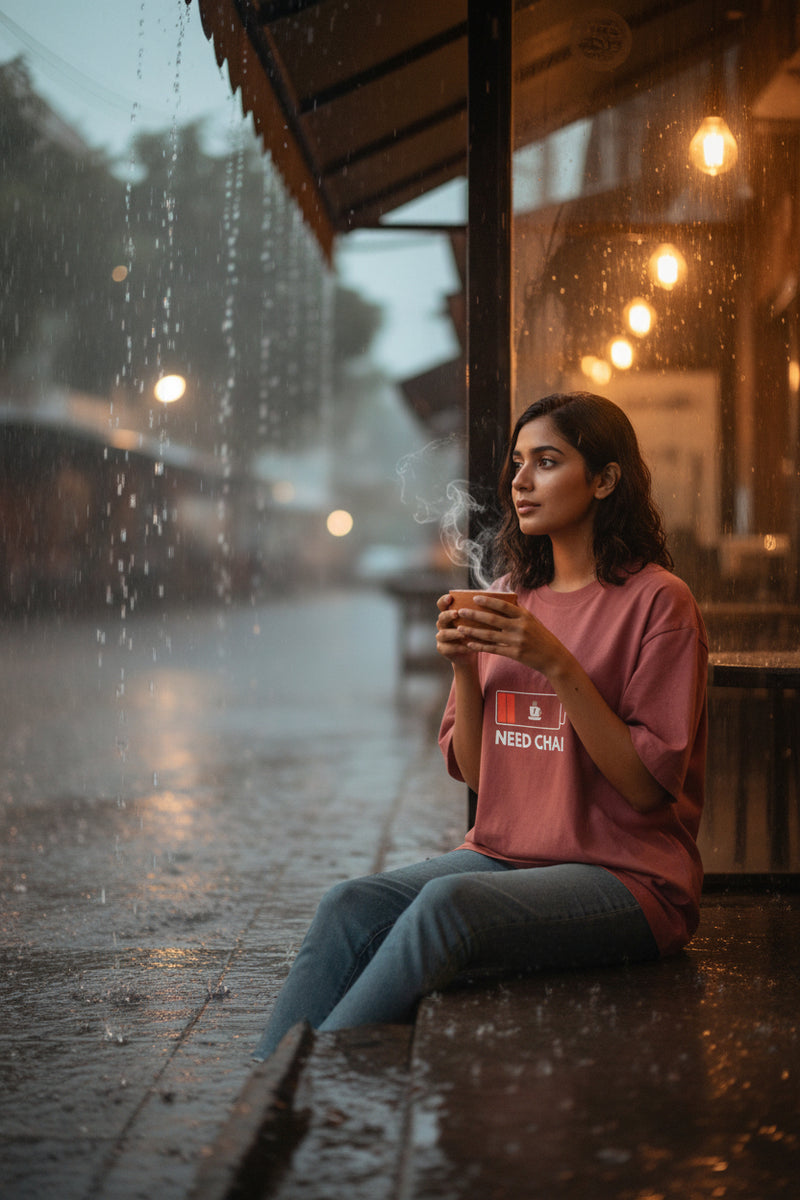 Pink t-shirt with 'Need Chai' graphic on a white background