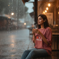 Pink t-shirt with 'Need Chai' graphic on a white background