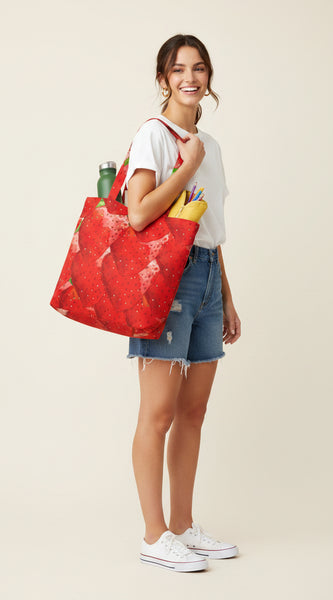 Tote bag with strawberry pattern filled with groceries on a white background