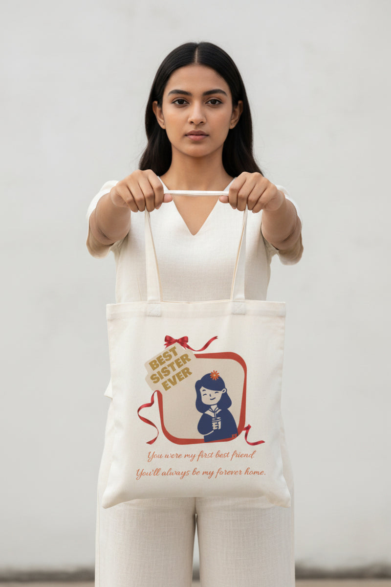 A white canvas tote bag hanging from a black door handle on a white paneled door. The bag features a graphic illustration of a girl in a blue uniform with a red ribbon, next to a sign that reads 'BEST SISTER EVER', and cursive text below that says 'You were my first friend You'll always be my forever home'.