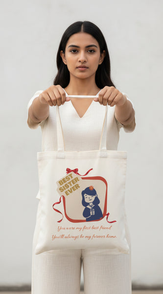 A white canvas tote bag hanging from a black door handle on a white paneled door. The bag features a graphic illustration of a girl in a blue uniform with a red ribbon, next to a sign that reads 'BEST SISTER EVER', and cursive text below that says 'You were my first friend You'll always be my forever home'.