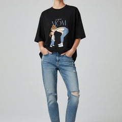 Black t-shirt with a graphic of a mother and child and the text 'Super Mom' on a white background.