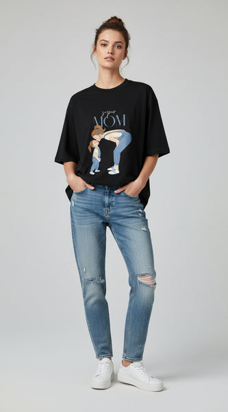 Black t-shirt with a graphic of a mother and child and the text 'Super Mom' on a white background.