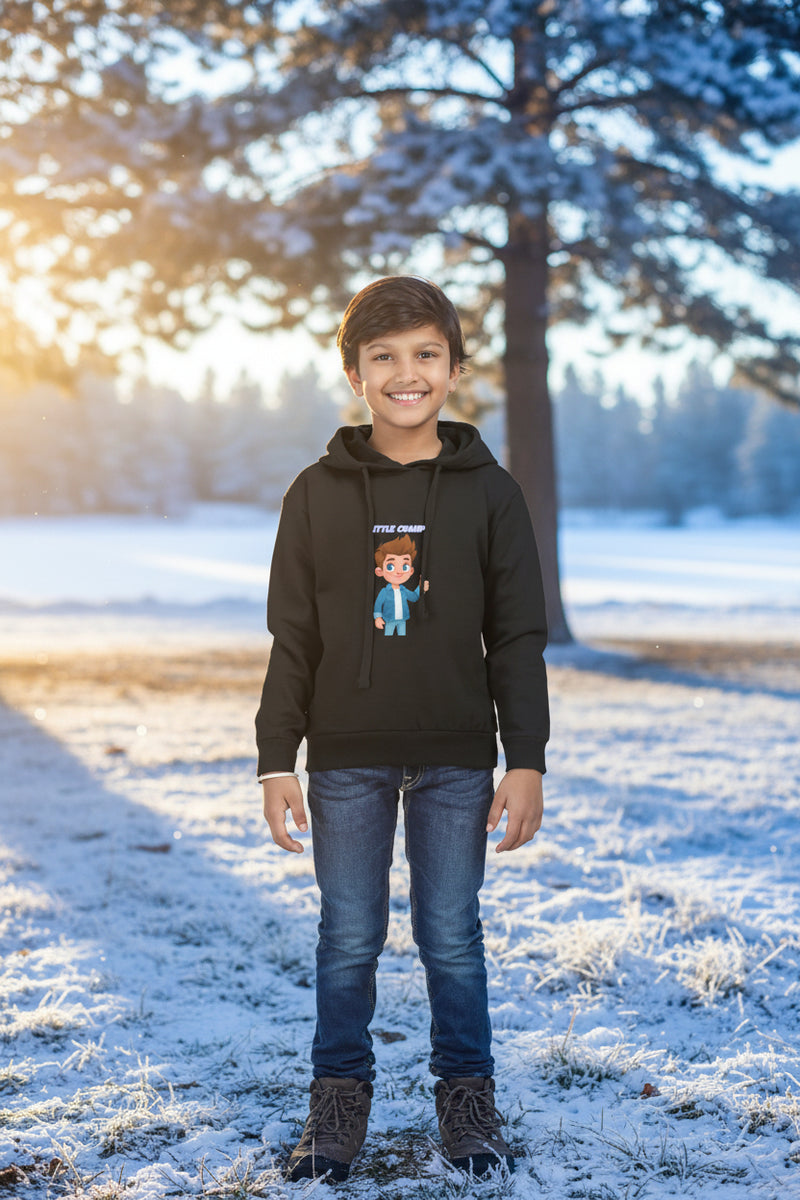 Child wearing a black hoodie with a cartoon character and text on a white background