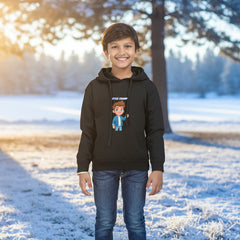 Child wearing a black hoodie with a cartoon character and text on a white background