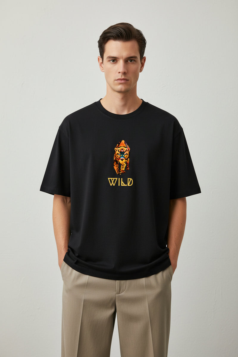 Black t-shirt with a colorful tiger graphic and 'WILD' text on a white background