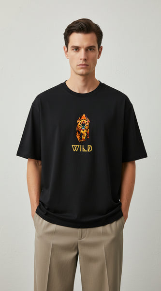Black t-shirt with a colorful tiger graphic and 'WILD' text on a white background