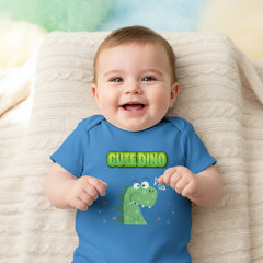 Blue baby onesie with a green dinosaur design and 'Cute Dino' text on a white background