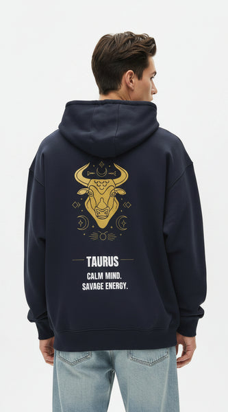 Blue hoodie with Taurus zodiac design on the back against a white background
