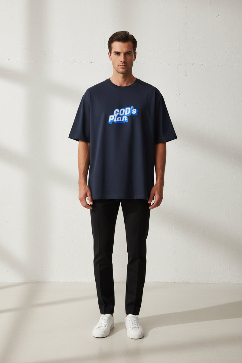 Blue t-shirt with 'GOD's Plan' text in blue and white on a light gray background